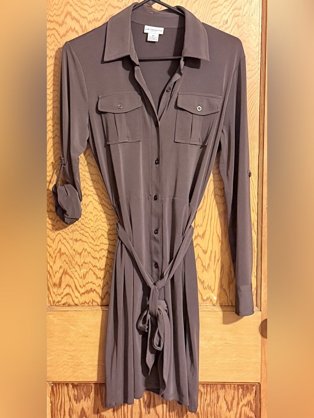 Liz Claiborne Petite 6P Gray Shirt Dress Tie Waist Roll Tab Sleeve Career Casual